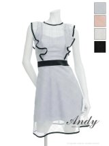 【ANDY/アンディ】リボンブローチ付き/ チェック刺繍/ スパンコール/ ノースリーブ/ シアーレース/ パイピング/ ショルダーフリル/ Aライン/ フレア/ ミニドレス/ キャバドレス[OF05]