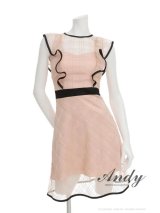 【ANDY/アンディ】リボンブローチ付き/ チェック刺繍/ スパンコール/ ノースリーブ/ シアーレース/ パイピング/ ショルダーフリル/ Aライン/ フレア/ ミニドレス/ キャバドレス[OF05]