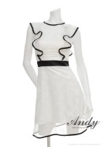 【ANDY/アンディ】リボンブローチ付き/ チェック刺繍/ スパンコール/ ノースリーブ/ シアーレース/ パイピング/ ショルダーフリル/ Aライン/ フレア/ ミニドレス/ キャバドレス[OF05]