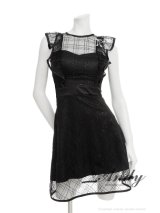 【ANDY/アンディ】リボンブローチ付き/ チェック刺繍/ スパンコール/ ノースリーブ/ シアーレース/ パイピング/ ショルダーフリル/ Aライン/ フレア/ ミニドレス/ キャバドレス[OF05]