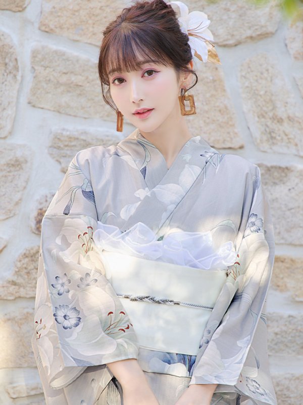 画像5: 【即日発送！】【浴衣】グレー地×可憐に咲き誇る百合浴衣【浴衣３点セット 浴衣/帯/下駄】[YMT]