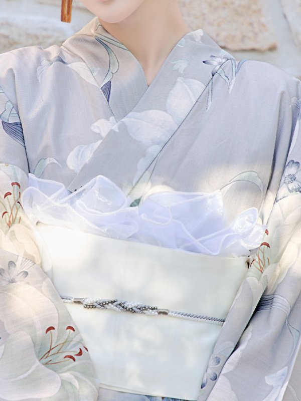 画像6: 【即日発送！】【浴衣】グレー地×可憐に咲き誇る百合浴衣【浴衣３点セット 浴衣/帯/下駄】[YMT]