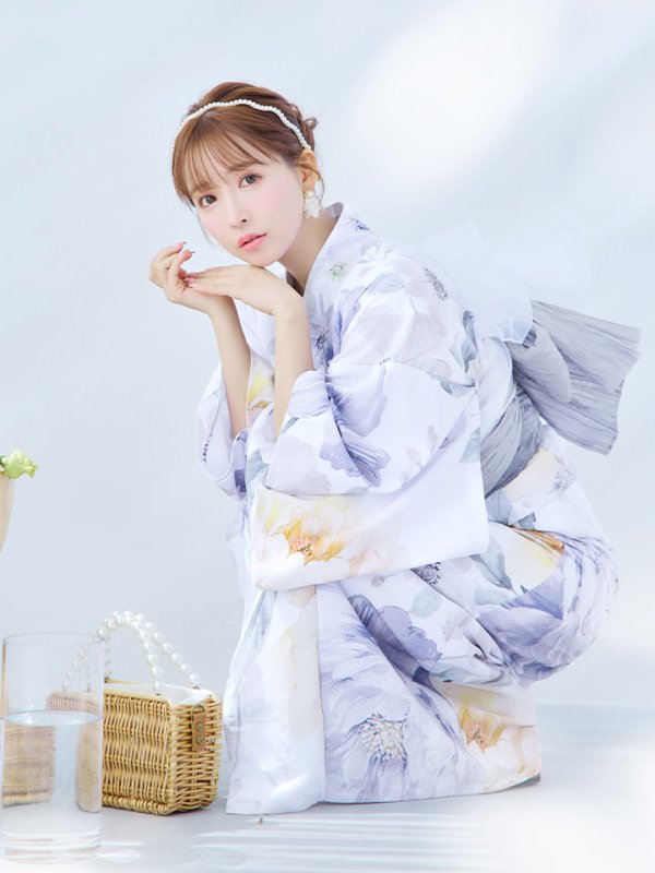 画像1: 【即日発送】シャーベットフラワー牡丹浴衣【浴衣３点セット 浴衣/帯/下駄】OBI-g-500-kj-8-GY / HIMO-900-yn-5-IV / HEKO-800-sb-5-WH / YA-1079-kj-6-W / GETA-01-kj-3-IV/ [YMT]