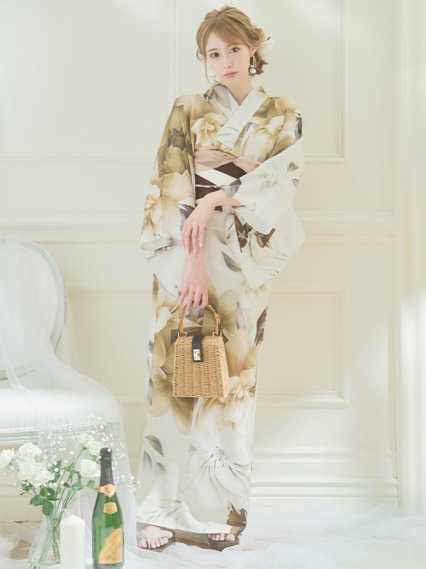 画像10: 【即日発送！】ブラウンベージュクラシックフラワー浴衣【浴衣３点セット 浴衣/帯/下駄】[YMT]