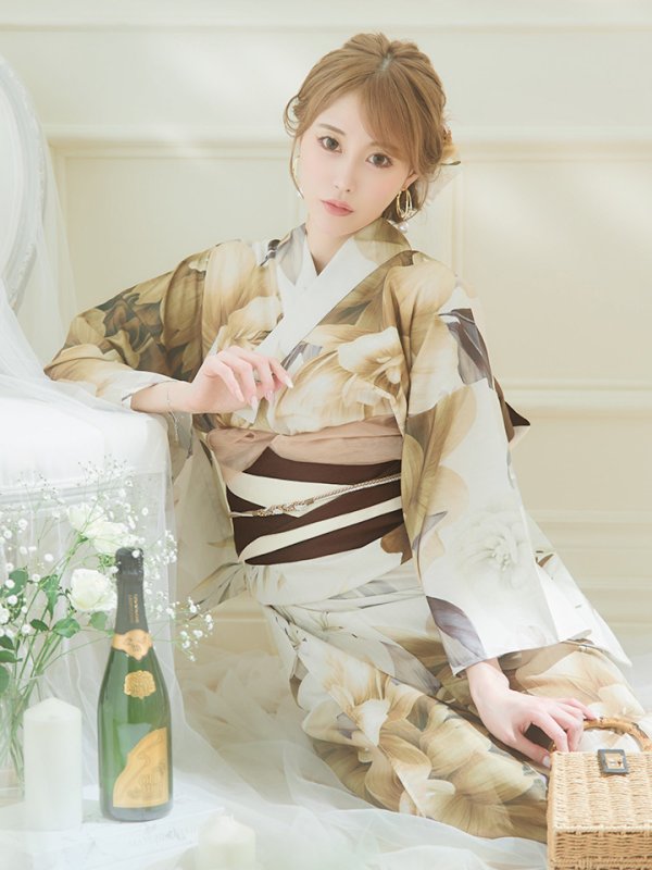 画像12: 【即日発送！】ブラウンベージュクラシックフラワー浴衣【浴衣３点セット 浴衣/帯/下駄】[YMT]