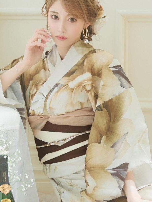 画像14: 【即日発送！】ブラウンベージュクラシックフラワー浴衣【浴衣３点セット 浴衣/帯/下駄】[YMT]