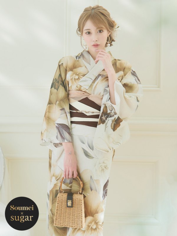 画像3: 【即日発送！】ブラウンベージュクラシックフラワー浴衣【浴衣３点セット 浴衣/帯/下駄】[YMT]