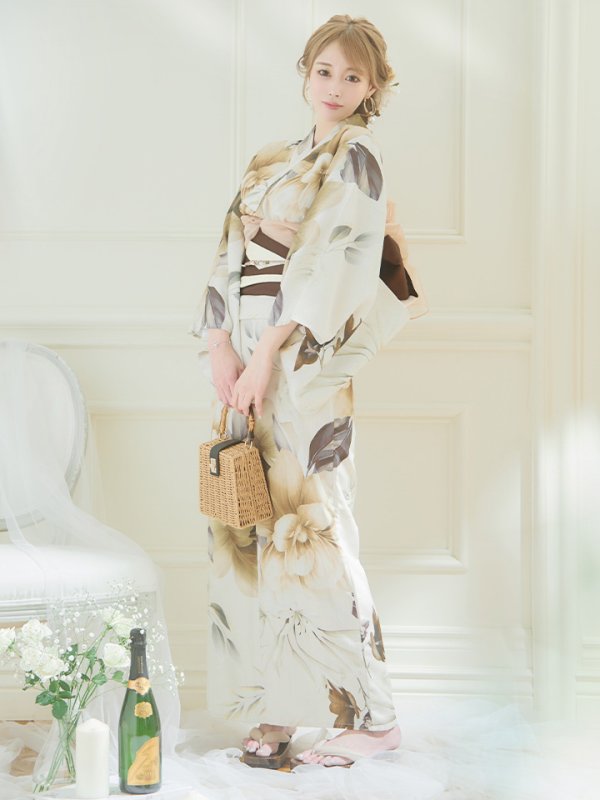 画像4: 【即日発送！】ブラウンベージュクラシックフラワー浴衣【浴衣３点セット 浴衣/帯/下駄】[YMT]