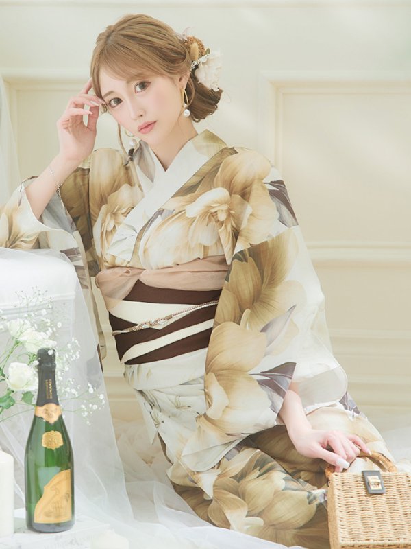 画像7: 【即日発送！】ブラウンベージュクラシックフラワー浴衣【浴衣３点セット 浴衣/帯/下駄】[YMT]