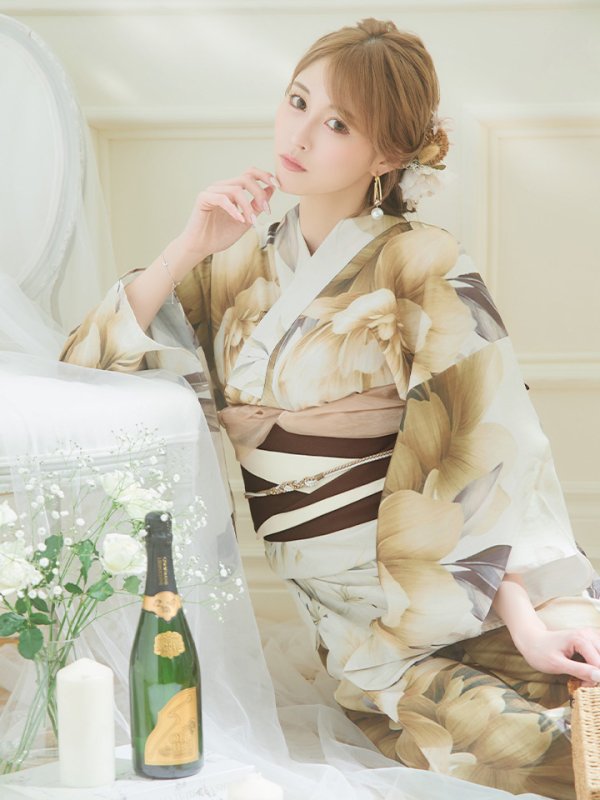 画像9: 【即日発送！】ブラウンベージュクラシックフラワー浴衣【浴衣３点セット 浴衣/帯/下駄】[YMT]