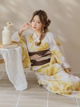 【即日発送！】グレージュ×イエローフラワー浴衣 OBI-hira-100-ok-2-BRxBE / HIMO-900-yn-7-MOC / HEKO-800-sb-3-BR / YA-597-kj-BR / GETA-01-kj-6-MUS/  [YMT]
