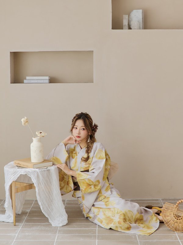 画像15: 【即日発送！】グレージュ×イエローフラワー浴衣【浴衣３点セット 浴衣/帯/下駄】[YMT]