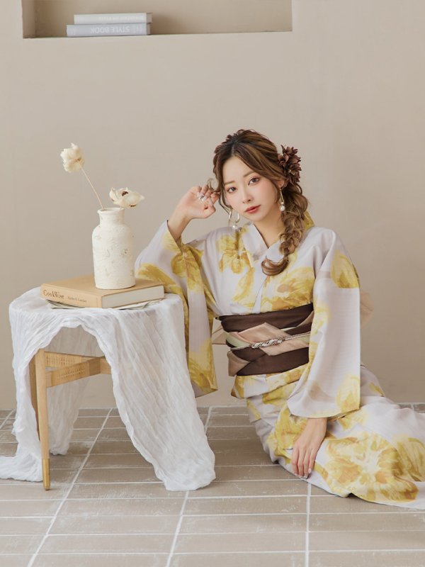 画像16: 【即日発送！】グレージュ×イエローフラワー浴衣【浴衣３点セット 浴衣/帯/下駄】[YMT]