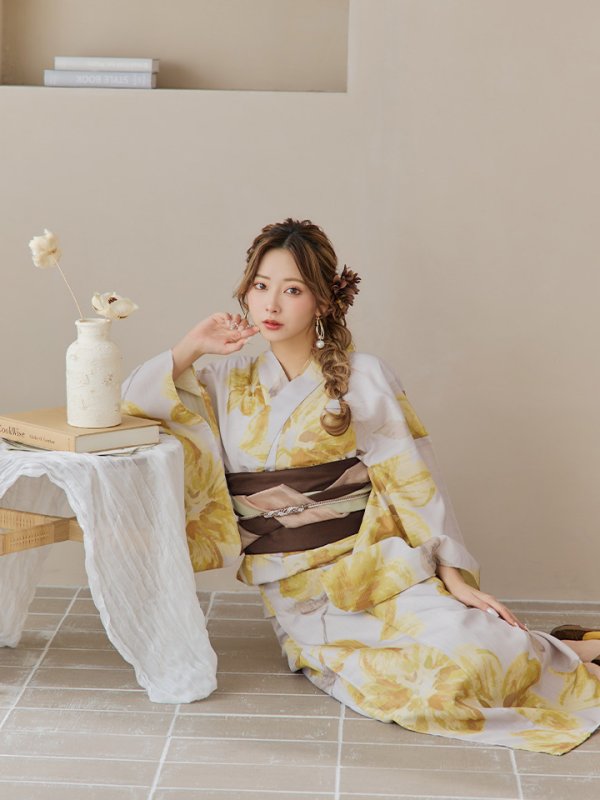 画像17: 【即日発送！】グレージュ×イエローフラワー浴衣【浴衣３点セット 浴衣/帯/下駄】[YMT]