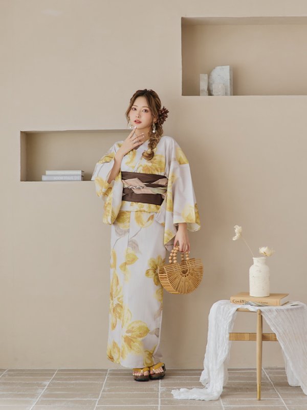 画像5: 【即日発送！】グレージュ×イエローフラワー浴衣【浴衣３点セット 浴衣/帯/下駄】[YMT]