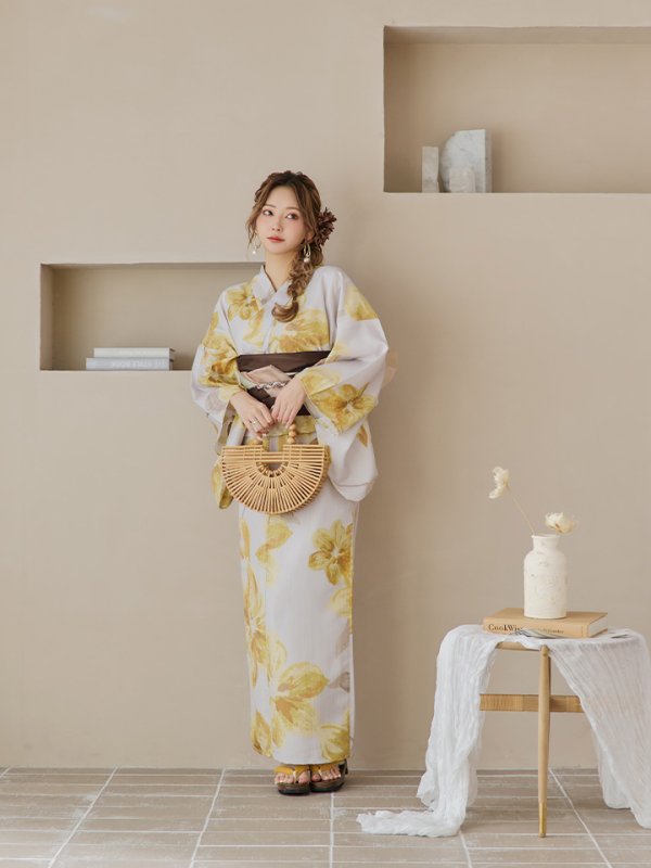 画像6: 【即日発送！】グレージュ×イエローフラワー浴衣【浴衣３点セット 浴衣/帯/下駄】[YMT]
