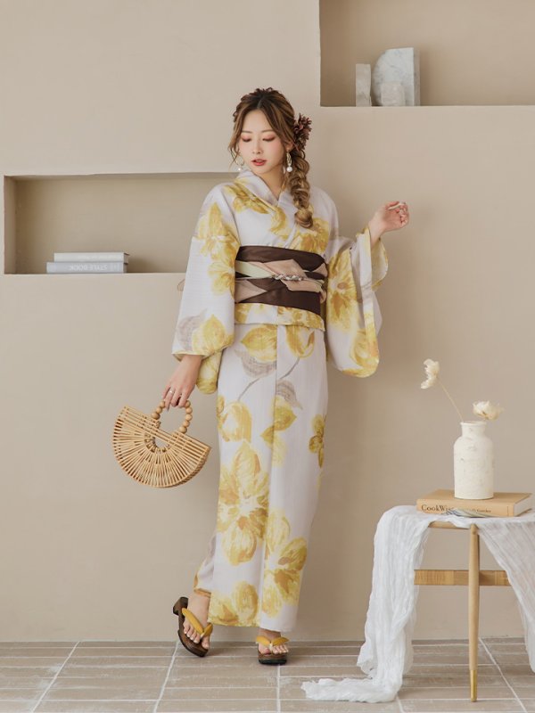 画像7: 【即日発送！】グレージュ×イエローフラワー浴衣【浴衣３点セット 浴衣/帯/下駄】[YMT]