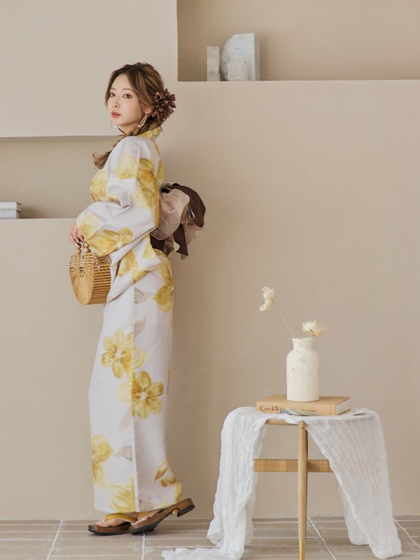 画像9: 【即日発送！】グレージュ×イエローフラワー浴衣【浴衣３点セット 浴衣/帯/下駄】[YMT]