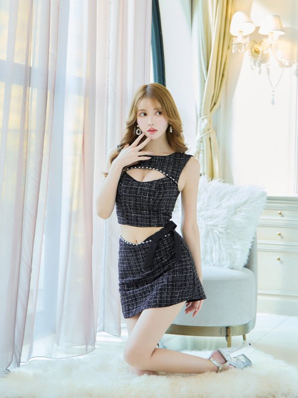 画像4: XSサイズあり☆背の低い方必見！【PURESS/ピュアレス】ツイード/ バストカット/ パールビジュー/ セパレート/ フレア/ マイクロミニドレス/ キャバドレス[OF5]