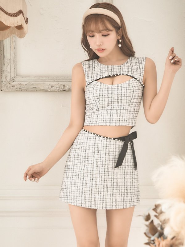 画像15: XSサイズあり☆背の低い方必見！【PURESS/ピュアレス】ツイード/ バストカット/ パールビジュー/ セパレート/ フレア/ マイクロミニドレス/ キャバドレス[OF5]