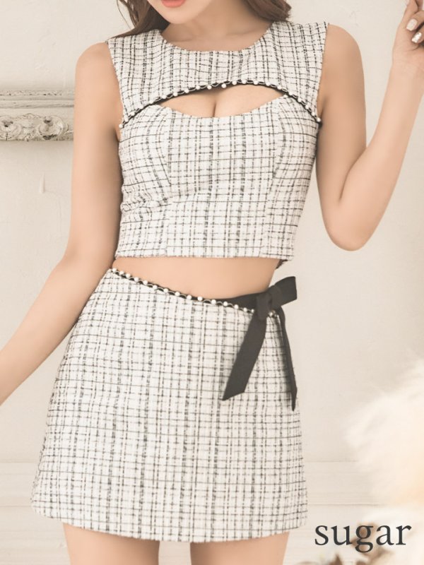 画像20: XSサイズあり☆背の低い方必見！【PURESS/ピュアレス】ツイード/ バストカット/ パールビジュー/ セパレート/ フレア/ マイクロミニドレス/ キャバドレス[OF5]