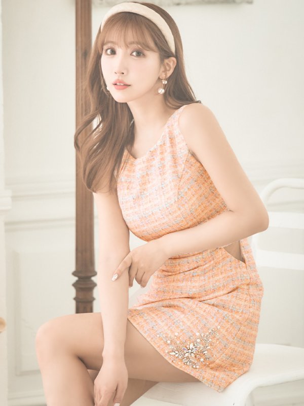 画像3: XSサイズあり【PURESS/ピュアレス】ツイード/ サイドカットベルト/ フラワービジュー/ フレア/ ミニドレス/ キャバドレス[OF5]