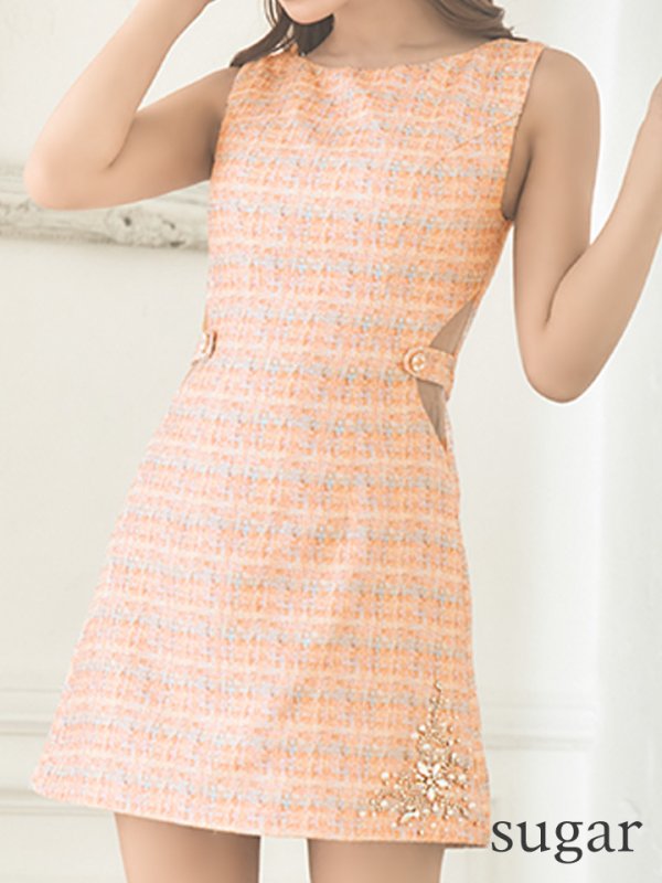 画像9: XSサイズあり【PURESS/ピュアレス】ツイード/ サイドカットベルト/ フラワービジュー/ フレア/ ミニドレス/ キャバドレス[OF5]