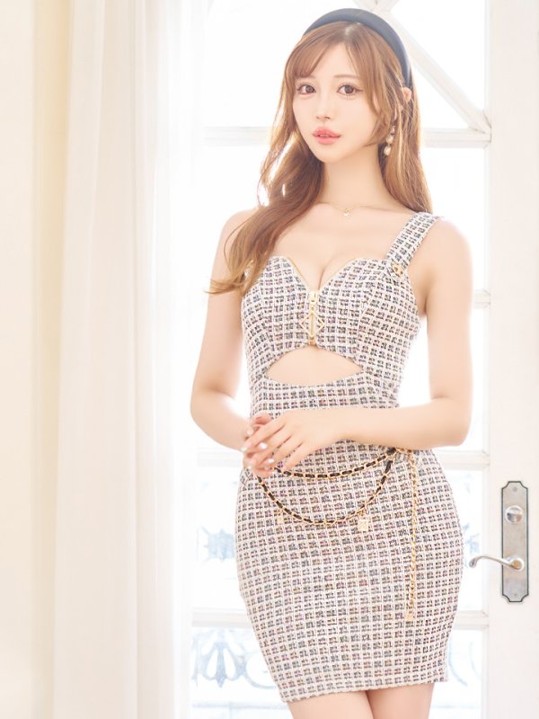 画像3: XSサイズあり【PURESS/ピュアレス】ツイード/ バストファスナー/ ウエストオープン/ ウエストカット/ チェーン/ タイト/ ミニドレス/ キャバドレス[OF5]