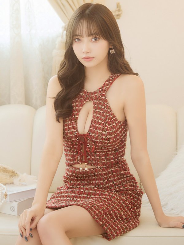 画像6: XSサイズあり【PURESS/ピュアレス】 ホルターネック/ バストレースアップ/ チェックツイード/ ノースリーブ/ フレア/ ミニドレス/ キャバドレス[OF5]