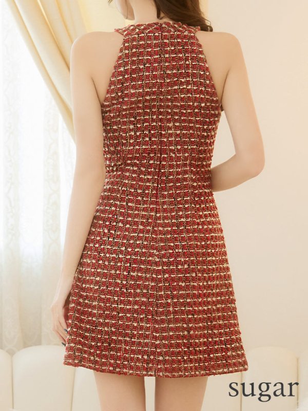 画像12: XSサイズあり【PURESS/ピュアレス】 ホルターネック/ バストレースアップ/ チェックツイード/ ノースリーブ/ フレア/ ミニドレス/ キャバドレス[OF5]