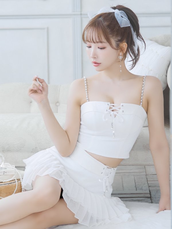 画像9: XSサイズあり【PURESS/ピュアレス】パールショルダー/ レースアップ/ マイクロミニ/ セパレート/ フレア/ ミニドレス/ キャバドレス[OF5]