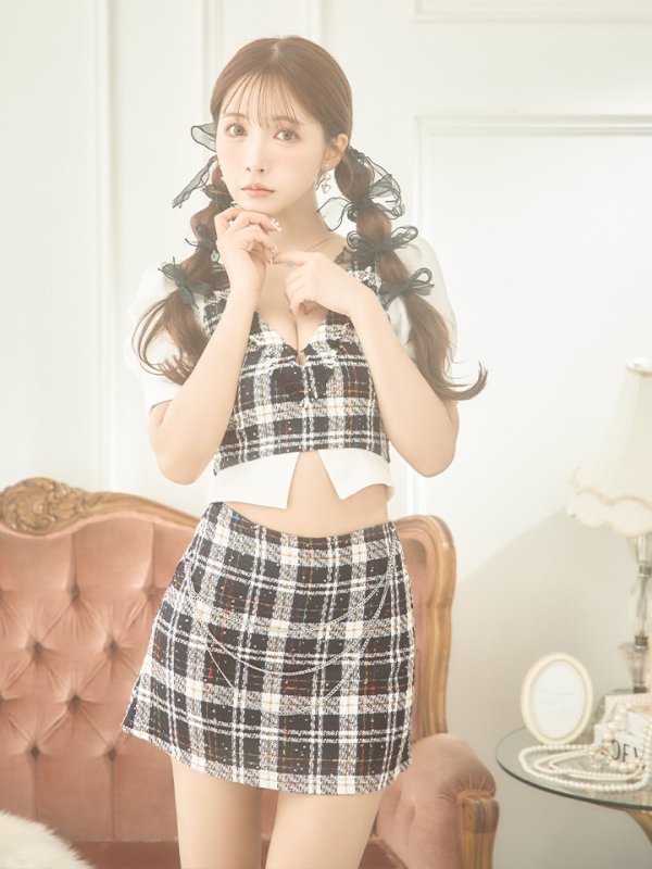 画像5: XSサイズあり【PURESS/ピュアレス】 レイヤード/ チェーン/ セパレート/ ミックスチェック/ フレア/ マイクロミニドレス/ キャバドレス[OF5]