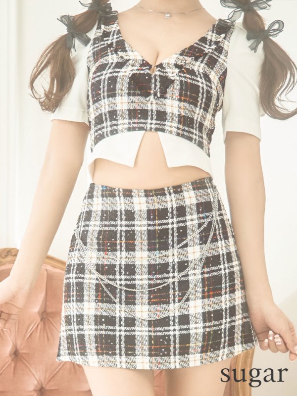 画像8: XSサイズあり【PURESS/ピュアレス】 レイヤード/ チェーン/ セパレート/ ミックスチェック/ フレア/ マイクロミニドレス/ キャバドレス[OF5]