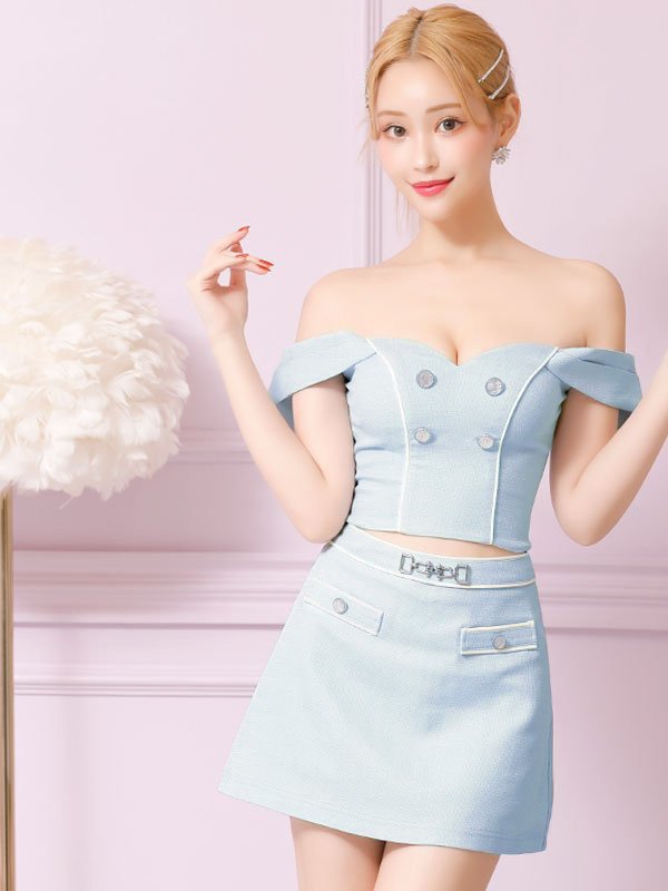 画像13: XSサイズあり【PURESS/ピュアレス】チェーンショルダー/ ボタン/ チャーム/ オフショルダー/ セパレート/ フレア/ マイクロミニ/ ミニドレス/ キャバドレス[OF5]