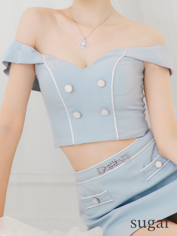 画像10: XSサイズあり【PURESS/ピュアレス】チェーンショルダー/ ボタン/ チャーム/ オフショルダー/ セパレート/ フレア/ マイクロミニ/ ミニドレス/ キャバドレス[OF5]