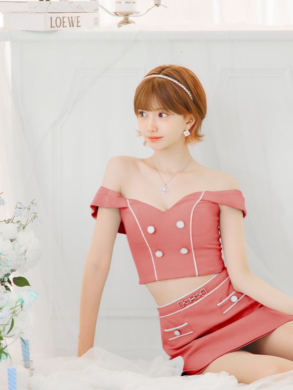 画像18: XSサイズあり【PURESS/ピュアレス】チェーンショルダー/ ボタン/ チャーム/ オフショルダー/ セパレート/ フレア/ マイクロミニ/ ミニドレス/ キャバドレス[OF5]