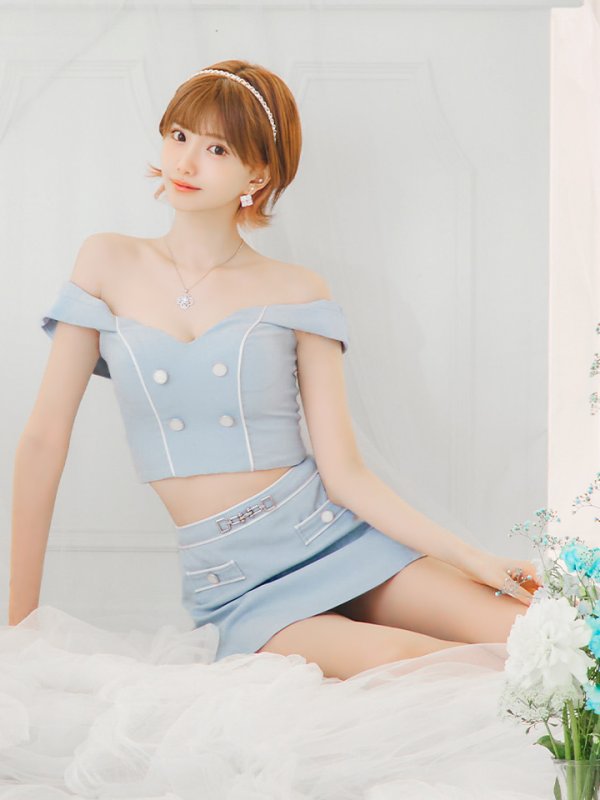 画像3: XSサイズあり【PURESS/ピュアレス】チェーンショルダー/ ボタン/ チャーム/ オフショルダー/ セパレート/ フレア/ マイクロミニ/ ミニドレス/ キャバドレス[OF5]