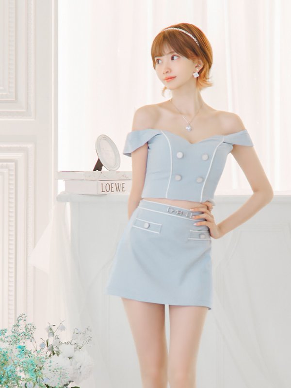 画像6: XSサイズあり【PURESS/ピュアレス】チェーンショルダー/ ボタン/ チャーム/ オフショルダー/ セパレート/ フレア/ マイクロミニ/ ミニドレス/ キャバドレス[OF5]