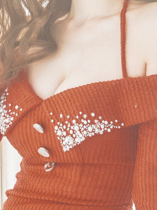 画像14: XSサイズあり【PURESS/ピュアレス】カラービジューオフショルダー/ ロングスリーブ/ 長袖/ 袖あり/ ニット/ スリットスカート/ タイト/ ミニドレス/ キャバドレス[OF5]