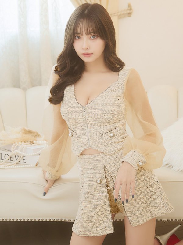 画像4: XSサイズあり☆背の低い方必見！【PURESS/ピュアレス】フロントファスナー/ メッシュ/ チェーン/ セパレート/ フレア/ マイクロミニドレス/ キャバドレス[OF5]