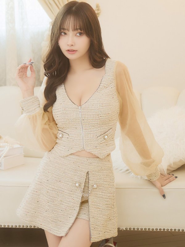 画像5: XSサイズあり☆背の低い方必見！【PURESS/ピュアレス】フロントファスナー/ メッシュ/ チェーン/ セパレート/ フレア/ マイクロミニドレス/ キャバドレス[OF5]