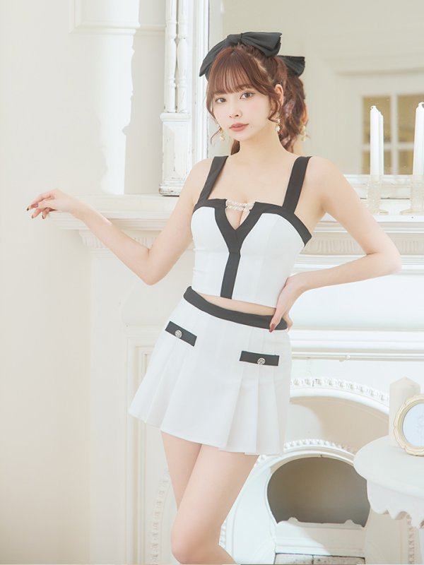 画像4: XSサイズあり【PURESS/ピュアレス】 セットアップ/ バイカラー/ フリル/ ノースリーブ/ フレア/ マイクロミニドレス/ キャバドレス[OF5]