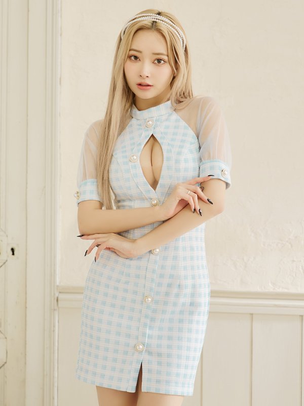 画像5: XSサイズあり【PURESS/ピュアレス】 フロントパールボタン/ シースルーメッシュショルダー/ 袖あり/ 五分袖/ チェック/ タイト/ ミニドレス/ キャバドレス[OF5]