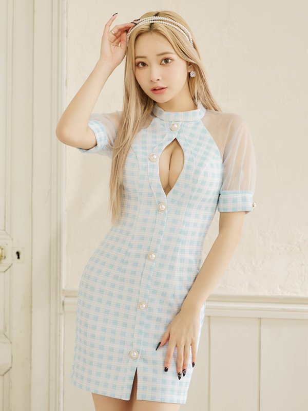 画像6: XSサイズあり【PURESS/ピュアレス】 フロントパールボタン/ シースルーメッシュショルダー/ 袖あり/ 五分袖/ チェック/ タイト/ ミニドレス/ キャバドレス[OF5]