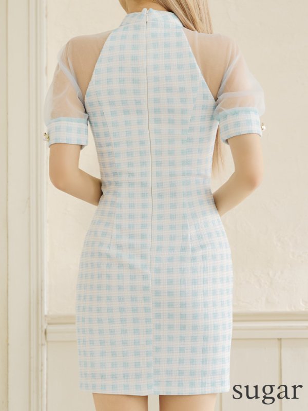 画像9: XSサイズあり【PURESS/ピュアレス】 フロントパールボタン/ シースルーメッシュショルダー/ 袖あり/ 五分袖/ チェック/ タイト/ ミニドレス/ キャバドレス[OF5]