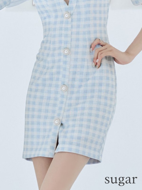 画像10: XSサイズあり【PURESS/ピュアレス】 フロントパールボタン/ シースルーメッシュショルダー/ 袖あり/ 五分袖/ チェック/ タイト/ ミニドレス/ キャバドレス[OF5]