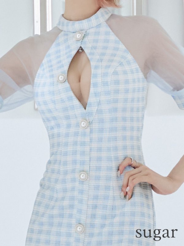 画像11: XSサイズあり【PURESS/ピュアレス】 フロントパールボタン/ シースルーメッシュショルダー/ 袖あり/ 五分袖/ チェック/ タイト/ ミニドレス/ キャバドレス[OF5]