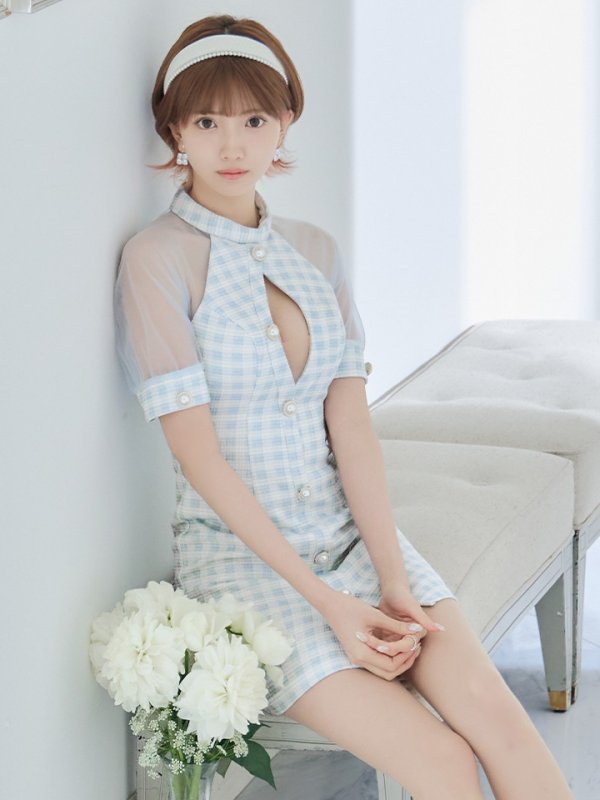 画像2: XSサイズあり【PURESS/ピュアレス】 フロントパールボタン/ シースルーメッシュショルダー/ 袖あり/ 五分袖/ チェック/ タイト/ ミニドレス/ キャバドレス[OF5]