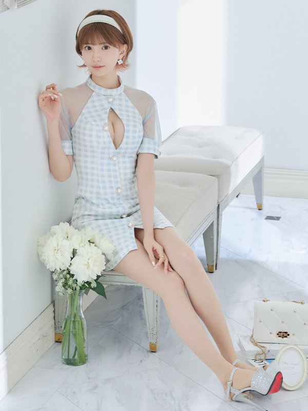 画像4: XSサイズあり【PURESS/ピュアレス】 フロントパールボタン/ シースルーメッシュショルダー/ 袖あり/ 五分袖/ チェック/ タイト/ ミニドレス/ キャバドレス[OF5]