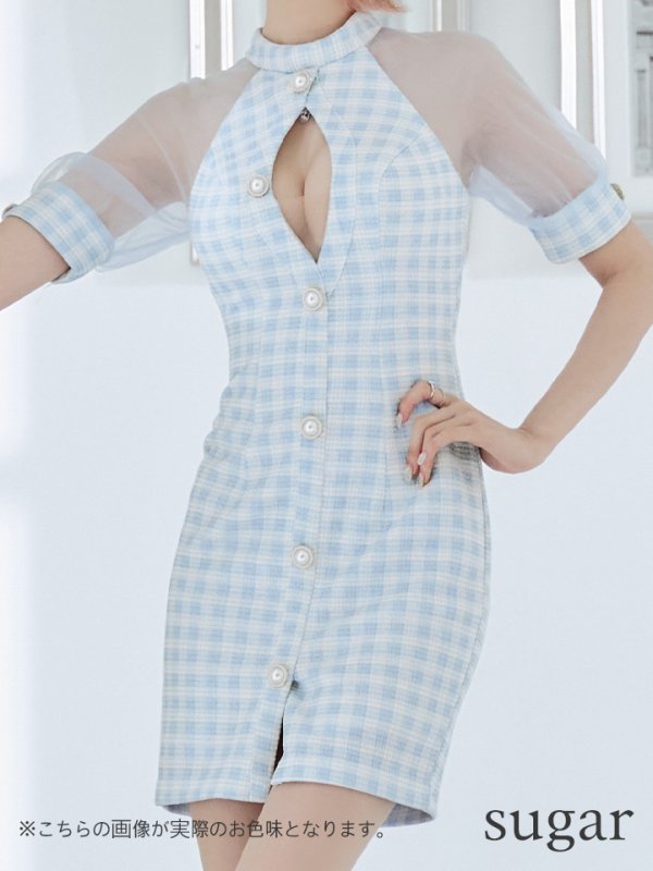 画像8: XSサイズあり【PURESS/ピュアレス】 フロントパールボタン/ シースルーメッシュショルダー/ 袖あり/ 五分袖/ チェック/ タイト/ ミニドレス/ キャバドレス[OF5]